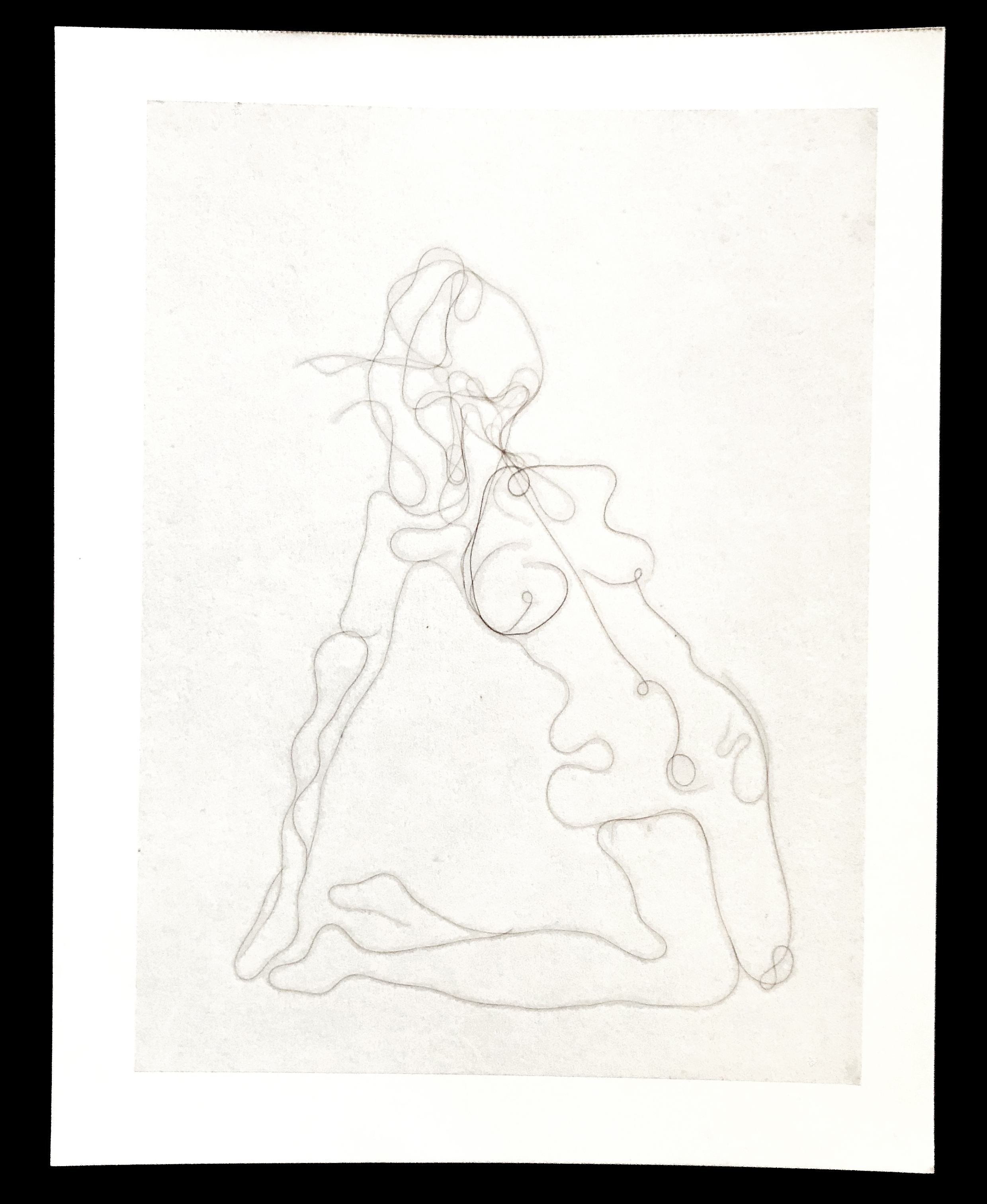 Nude Bending Backwards, Artist's hair on paper with adhesive overlay, 11x14, 2018