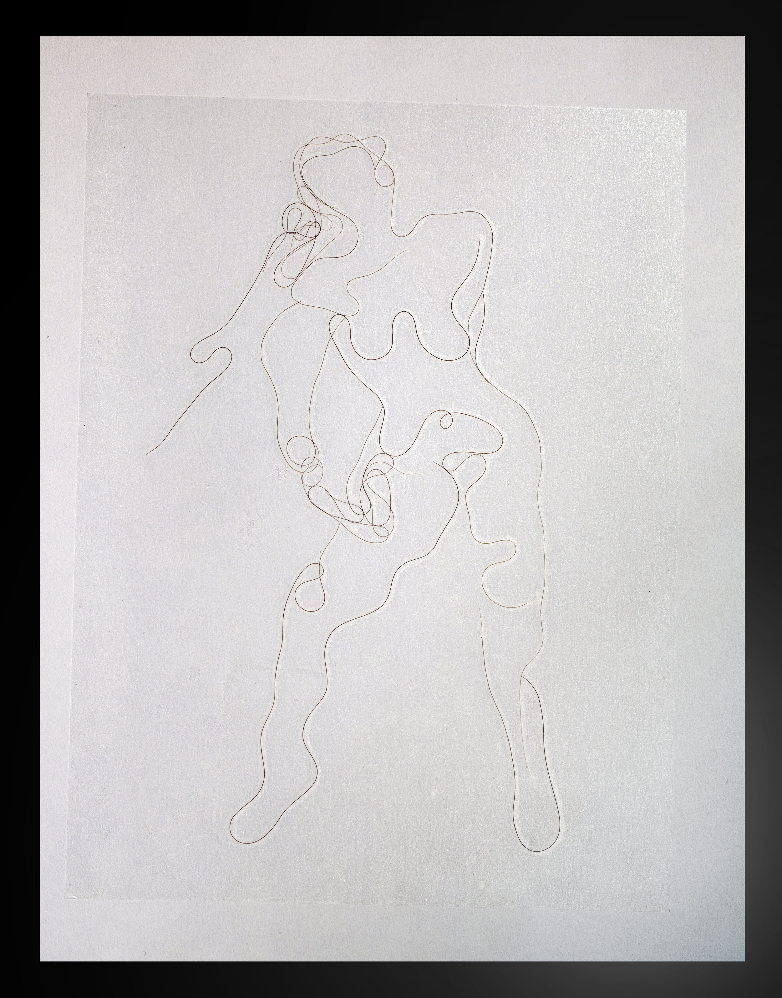 Ecstatic Nude, Artist's hair on paper with adhesive overlay, 11x14, 2017