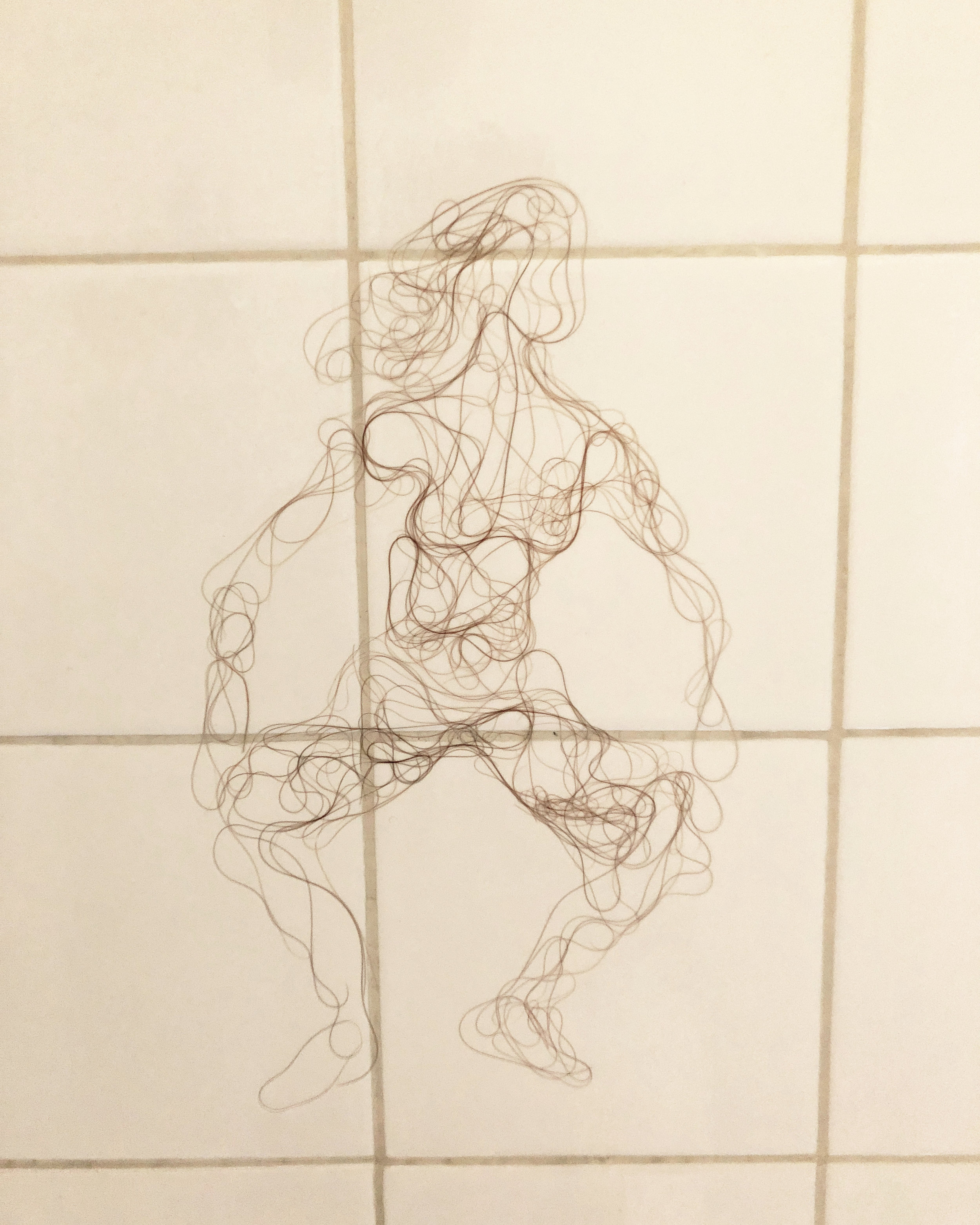 Squatting Nude, Artist's hair on ceramic, 8x10, 2017