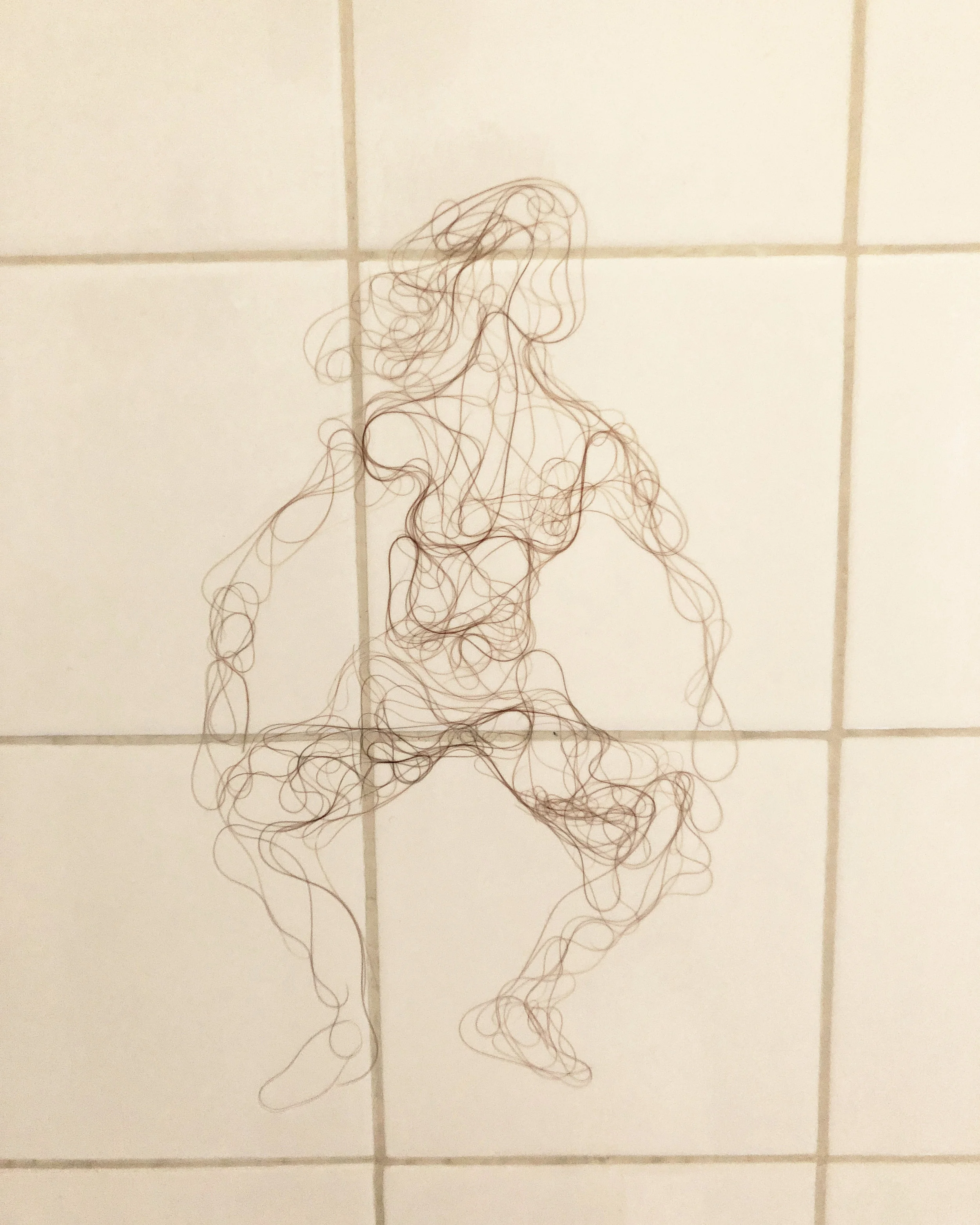Squatting Nude, Artist's hair on ceramic, 8x10, 2017
