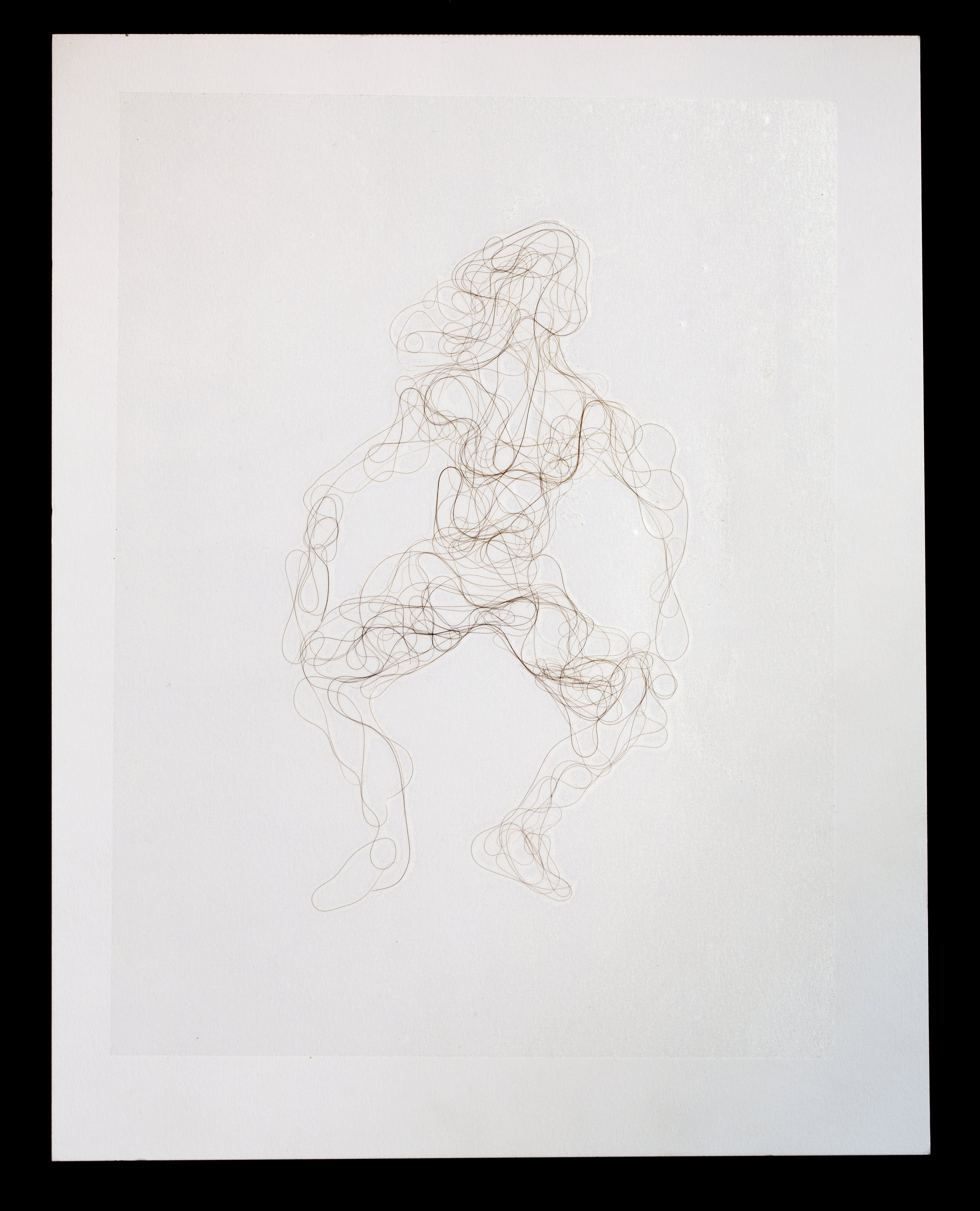 Squatting Nude, Artist's hair on paper with adhesive overlay, 11x14, 2017