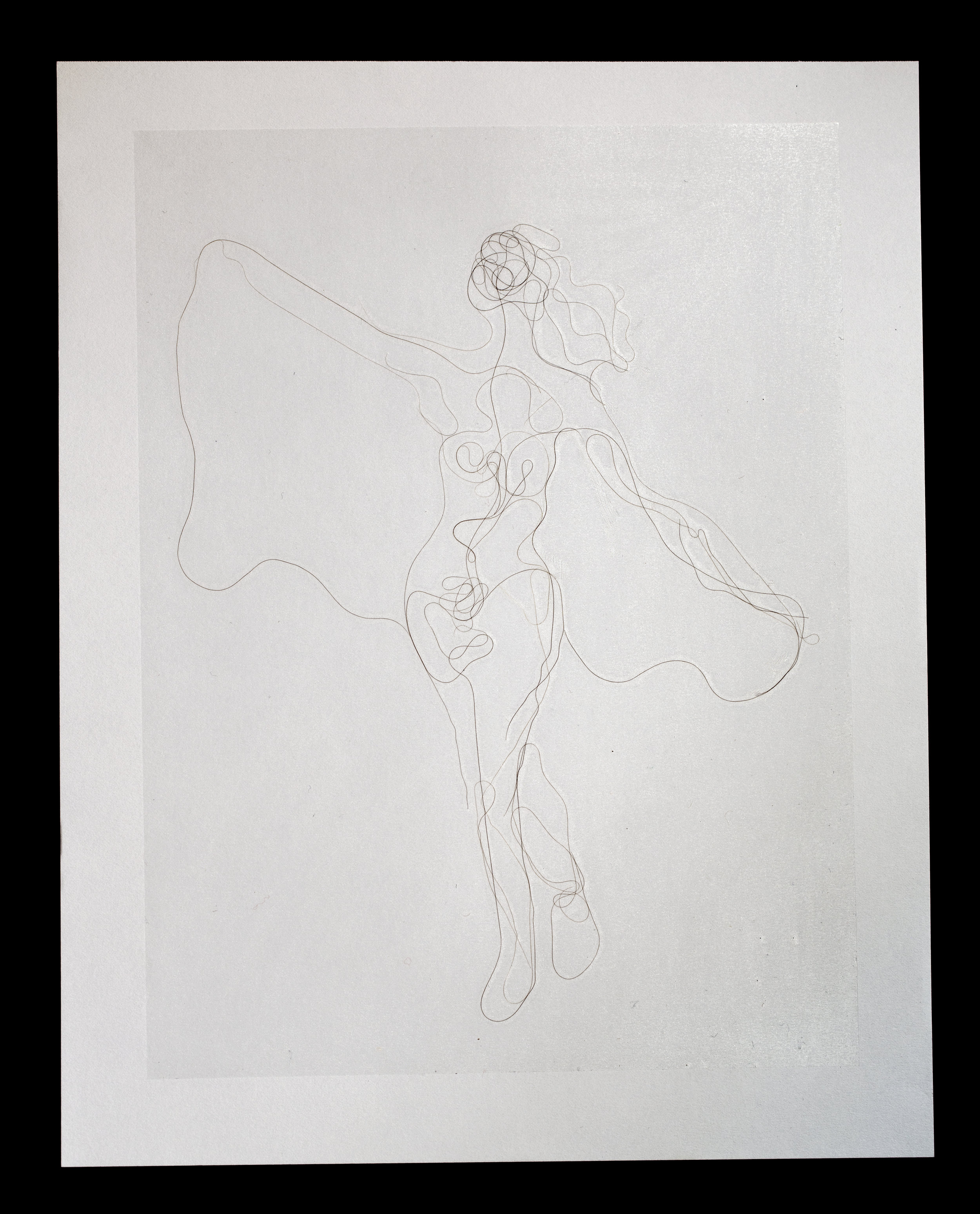 Nude Drying off with Towel, Artist's hair on paper with adhesive overlay, 11x14, 2017