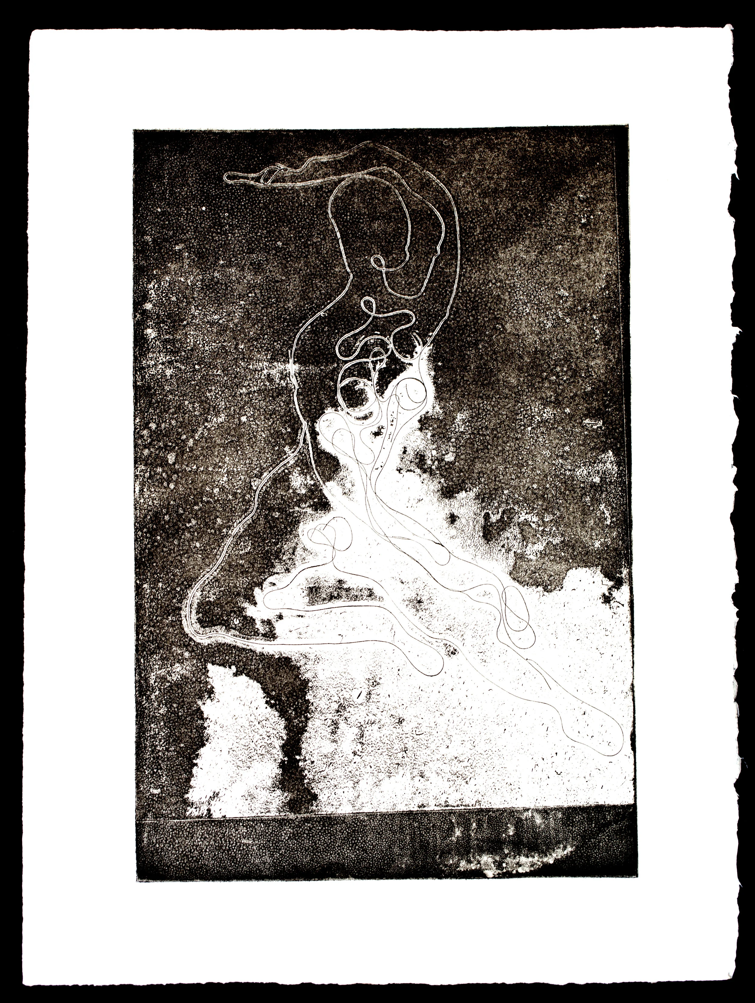 Stretching Myself, Ink intaglio print on cotton rag paper made from soft-ground impression of my hair on acetate and chance procedures, 14 x 11, 2019