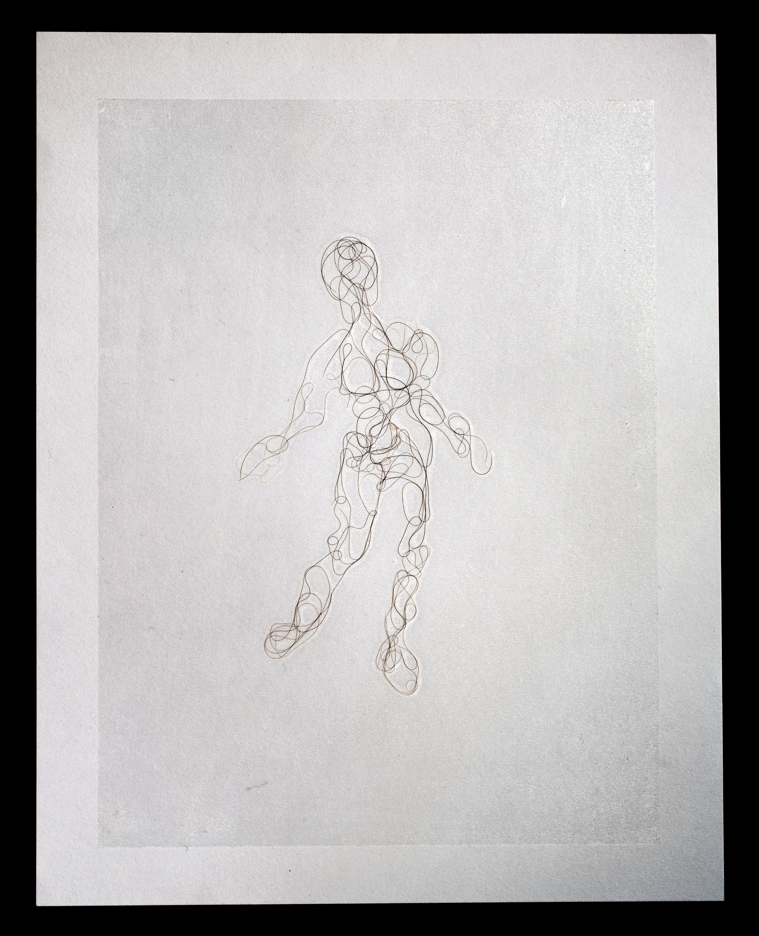 Nude in Haste, Artist's hair on paper with adhesive overlay, 2017