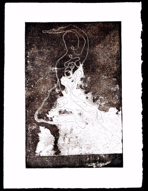 Stretching Myself, Ink intaglio print on cotton rag paper made from soft-ground impression of my hair on acetate and chance procedures, 14 x 11, 2019