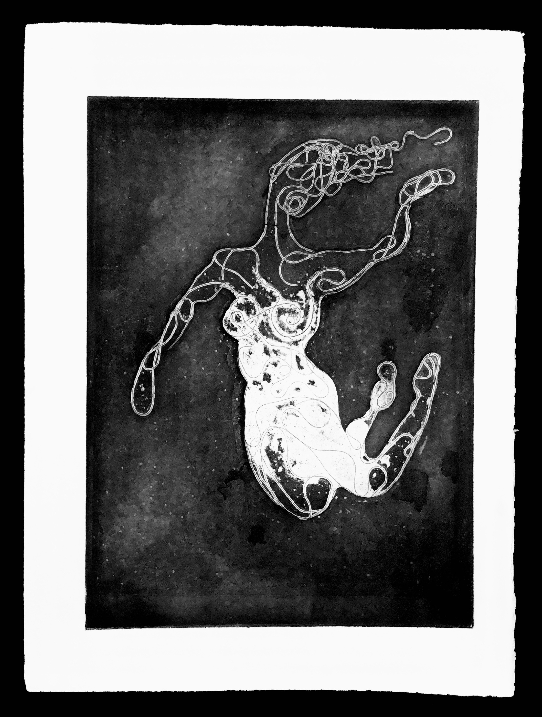 Aura, Ink intaglio print on cotton rag paper made from soft-ground impression of my hair on acetate, with aqutint, sugar lift, and chance procedures, 14 x 11, 2019