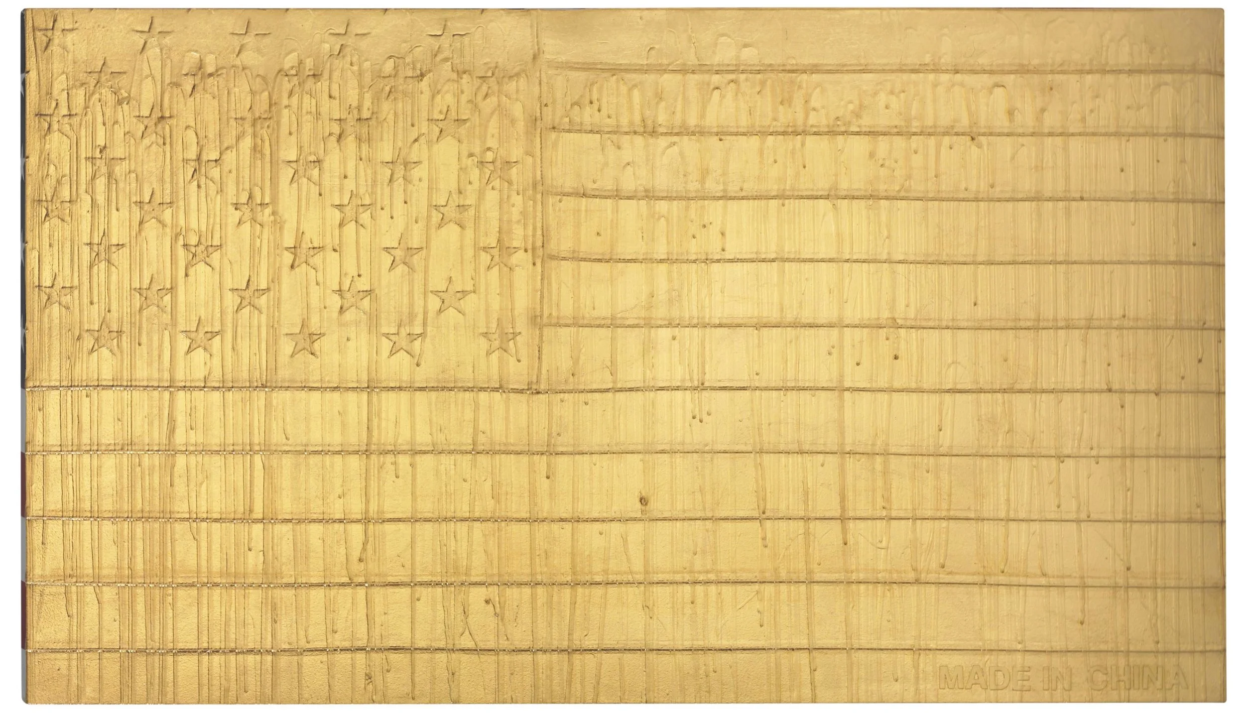 Andrew Schoultz, Molten Melting Flag (Made in China) (3), 2012, Acrylic and 23 karat gold leaf on cotton American flag stretched over panel, 30 x 52 inches