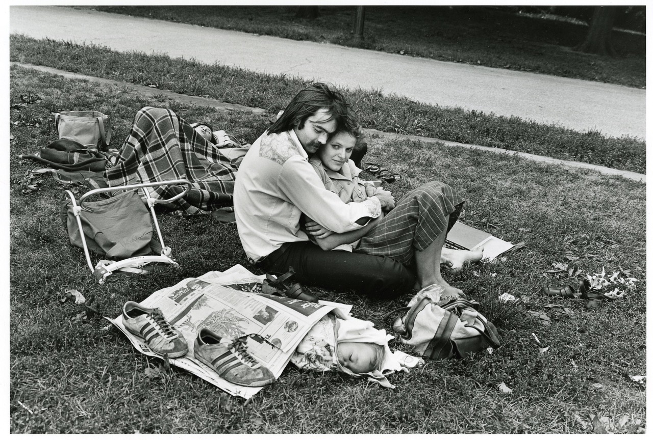 Paul McDonough, Central Park, Couple with Baby in Newspaper, 1973
