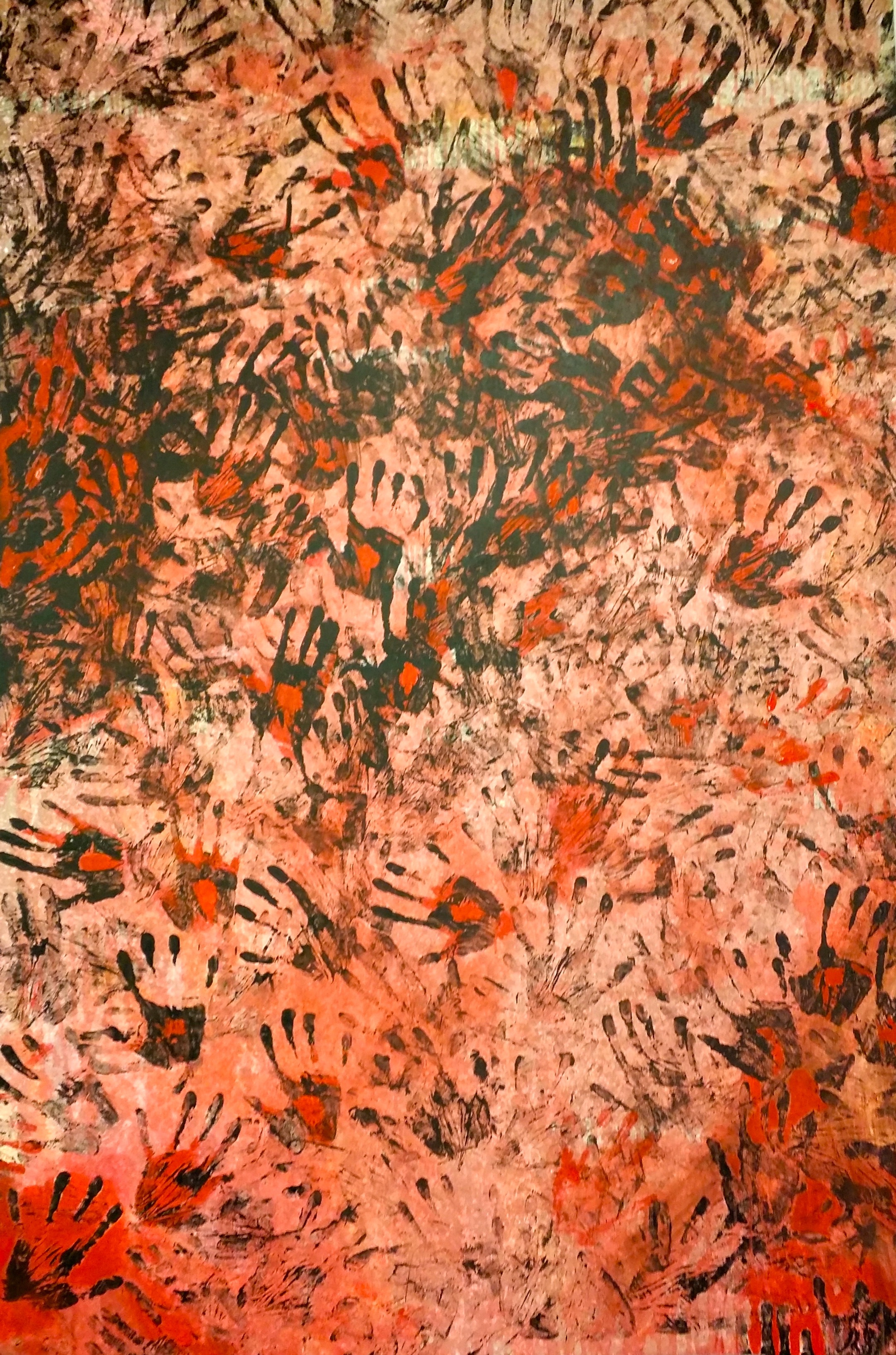 Dabiq: Red Sunset, 2016 72 x 48 inches Acrylic, mixed media on canvas                                                  The handprints technique connects me to the work in a physical way.&nbsp;The images that emerge come together but also disappear i