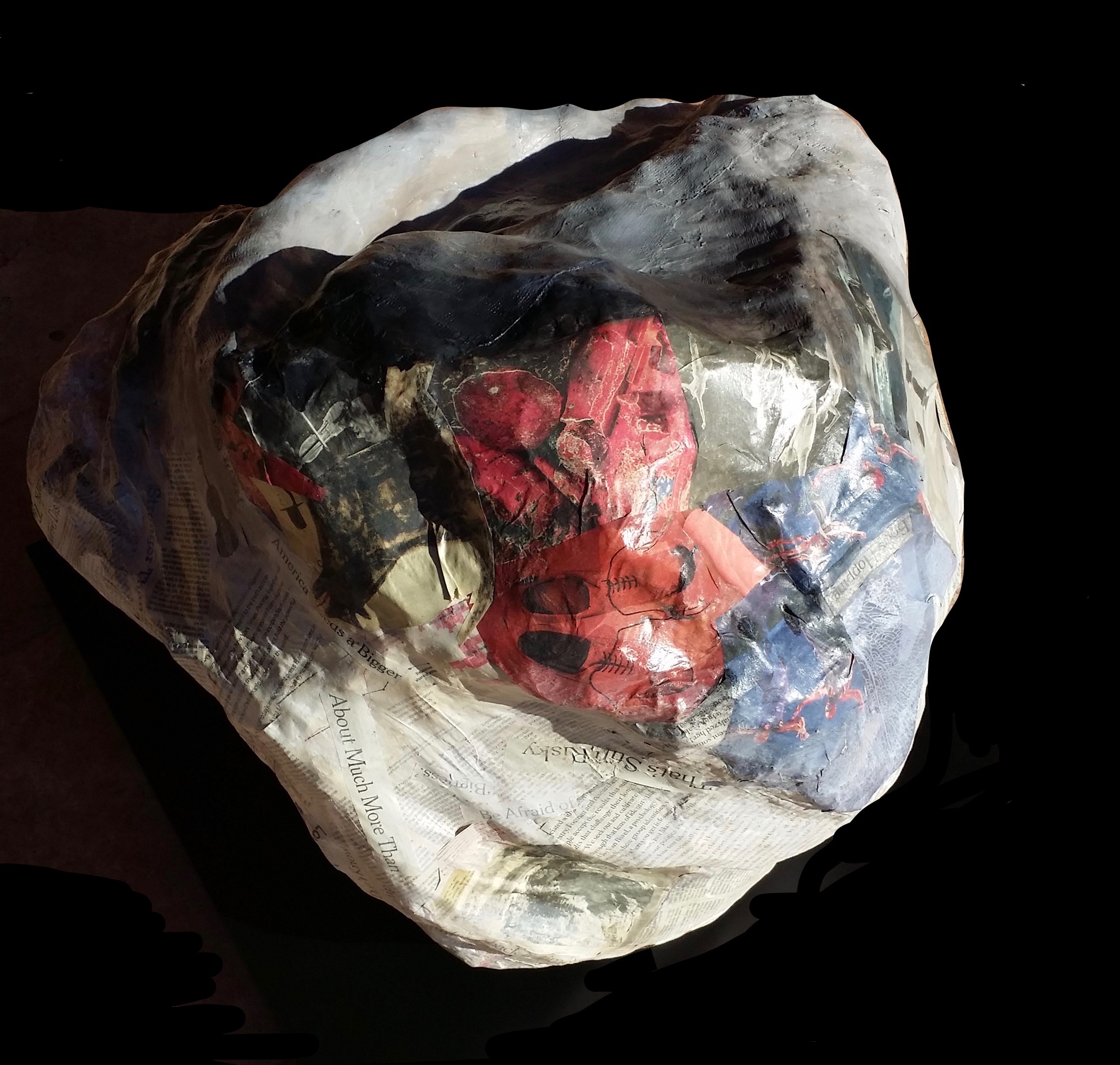 Outbound Fragment was created using various materials: wire, plaster, paint, newspapers clippings, glue and varnish.