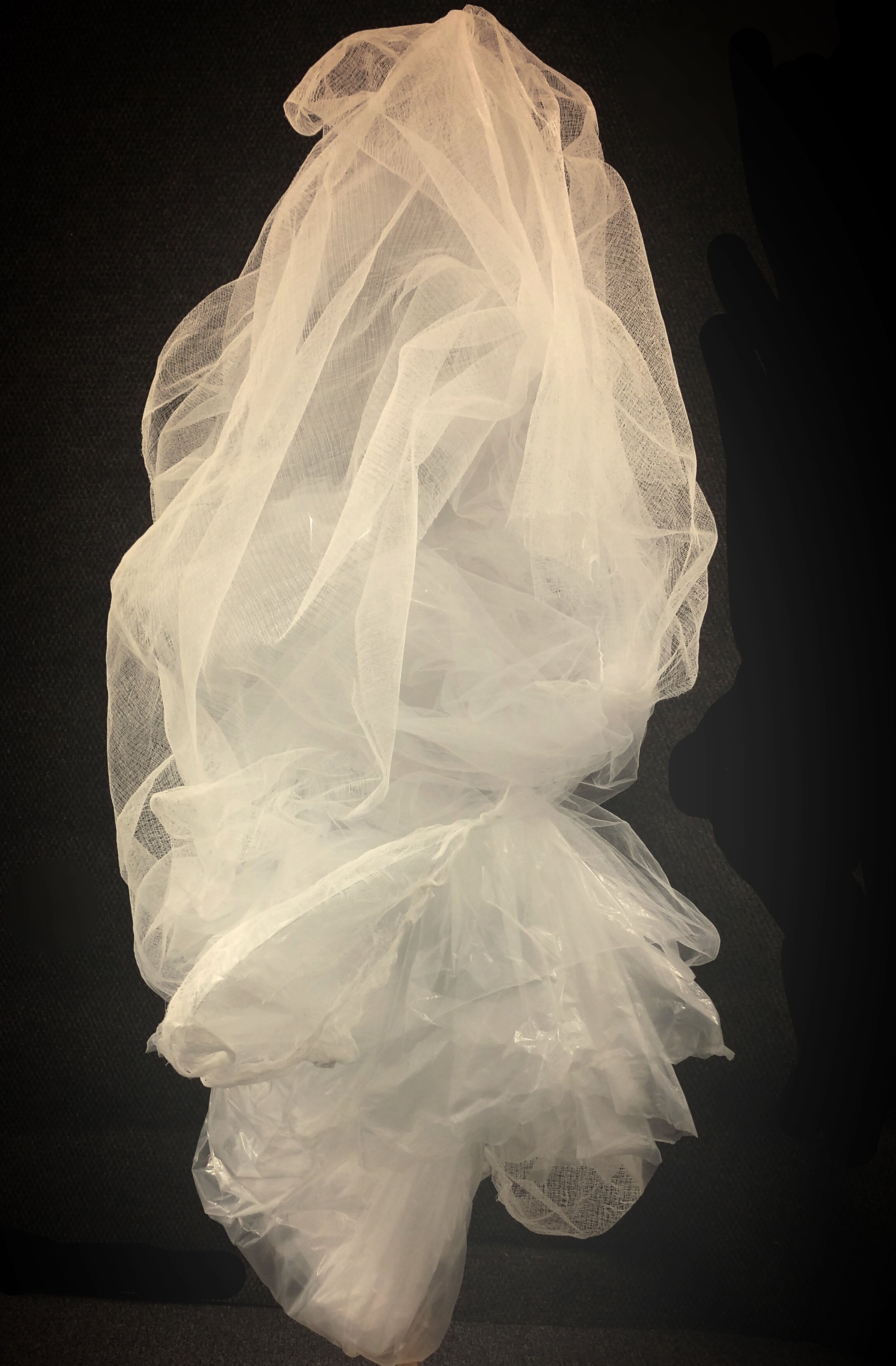  Bust, 2016 - side view 53 x 30 x 32 inches Plastic film, gauze, tulle, nylon thread,&nbsp;white glue on a plexiglass tube support 