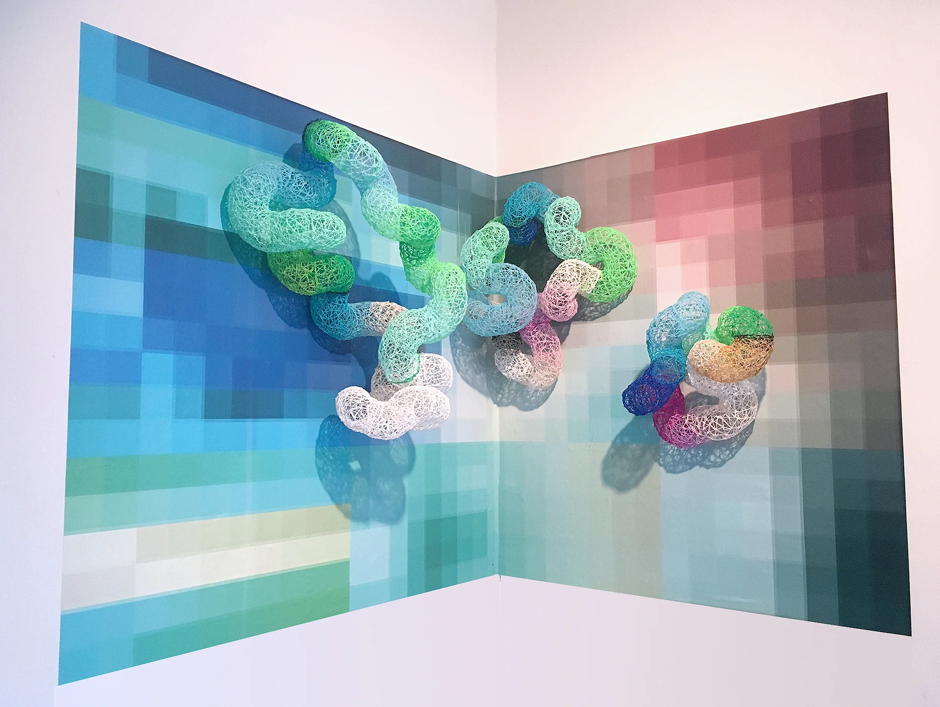 'Entanglement' 2017 - 60" x 30" x 12" 3D pen formed ABS plastic, digital print on adhesive vinyl. Pictured as part of the exhibition 'Vivarium', at Counterpath, Denver summer 2017.
