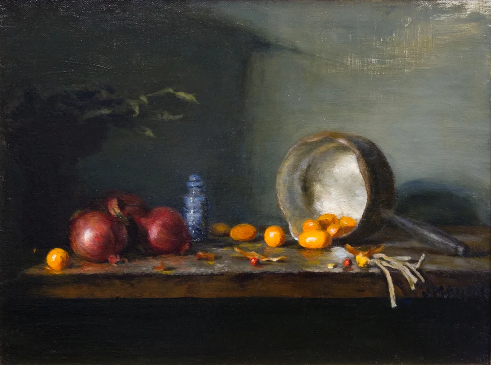 Kumquats and Red onions: Oil on linen 12" x 16"