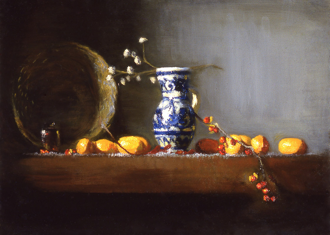 blue jar and bittersweets: oil on board 10" x 15" (sold)