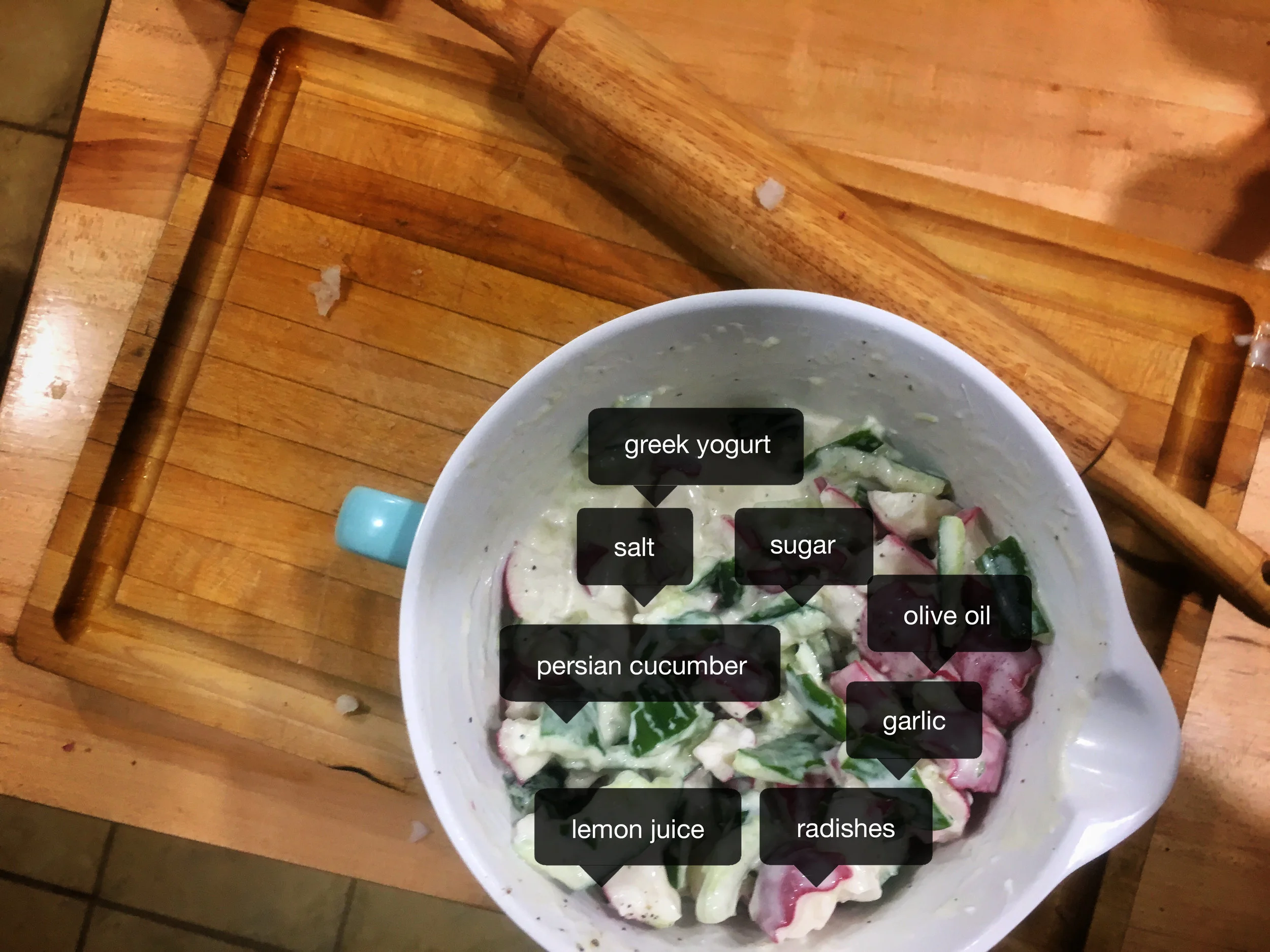 Actual recipe for Smashed Cucumbers and Radishes in Yogurt Sauce here .