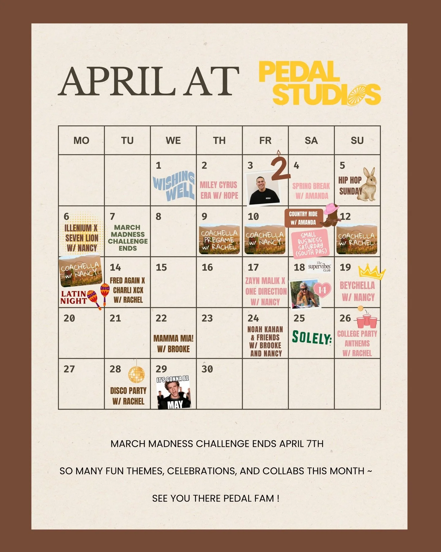 APRIL AT PEDAL 🌻

New month. New themes. New reasons to show up for yourself. 

From Coachella rides, Latin Night, and Hip Hop Sunday to Small Business Saturday in South Pas, a Disco Party, and some seriously fun artist-themed classes&hellip; April 