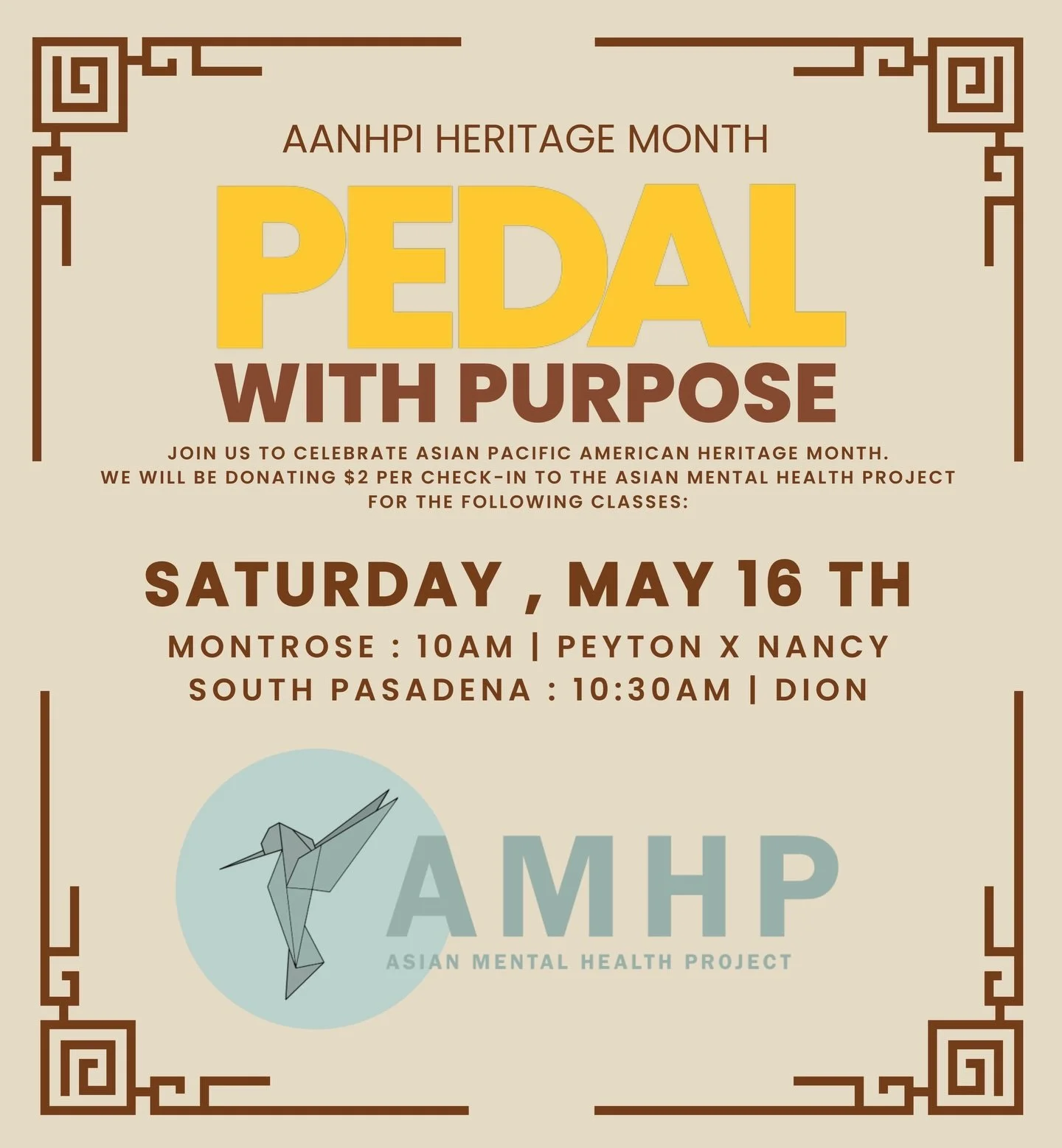 Are you ready to Pedal With Purpose ?? 

We are donating $2 per check-in to support mental health resources in the AAPI community through the Asian Mental Health Project @asianmentalhealthproject 🩵🧠

Let&rsquo;s show up for each other and ride for 