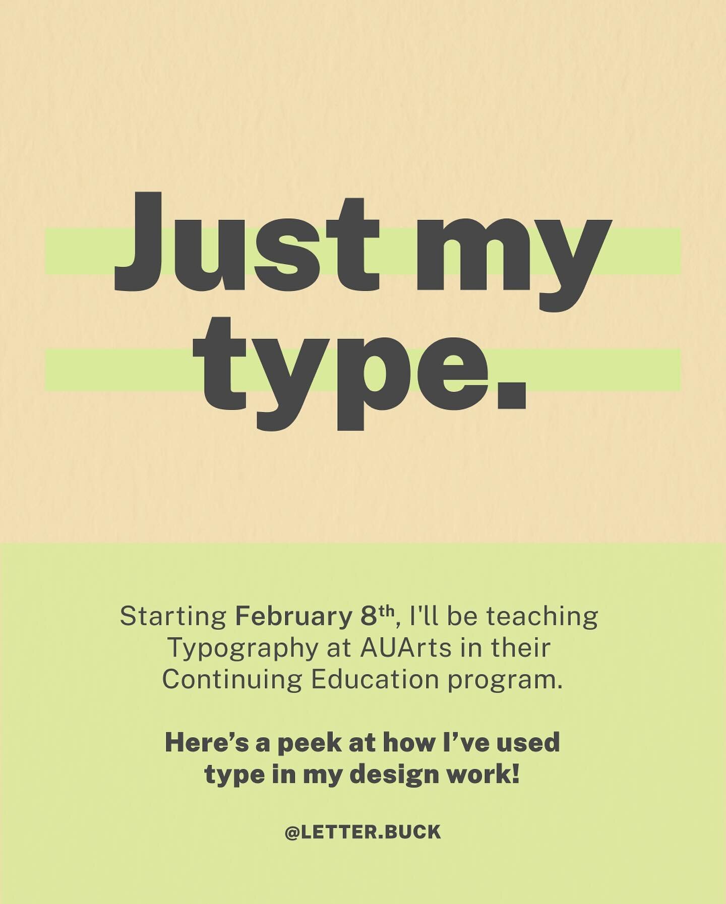 I&rsquo;m teaching Typography at AUArts as part of their Continuing Education programming.
Starting Feb 8! Here&rsquo;s a peek at how I&rsquo;ve used type in my design work:

From murals, to logos, to comic book lettering and creating a custom font a