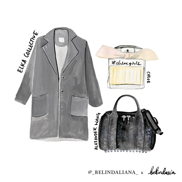 Elka Collective Coat (sold out), Alexander Wang Rockie bag , Chloe perfume . 
