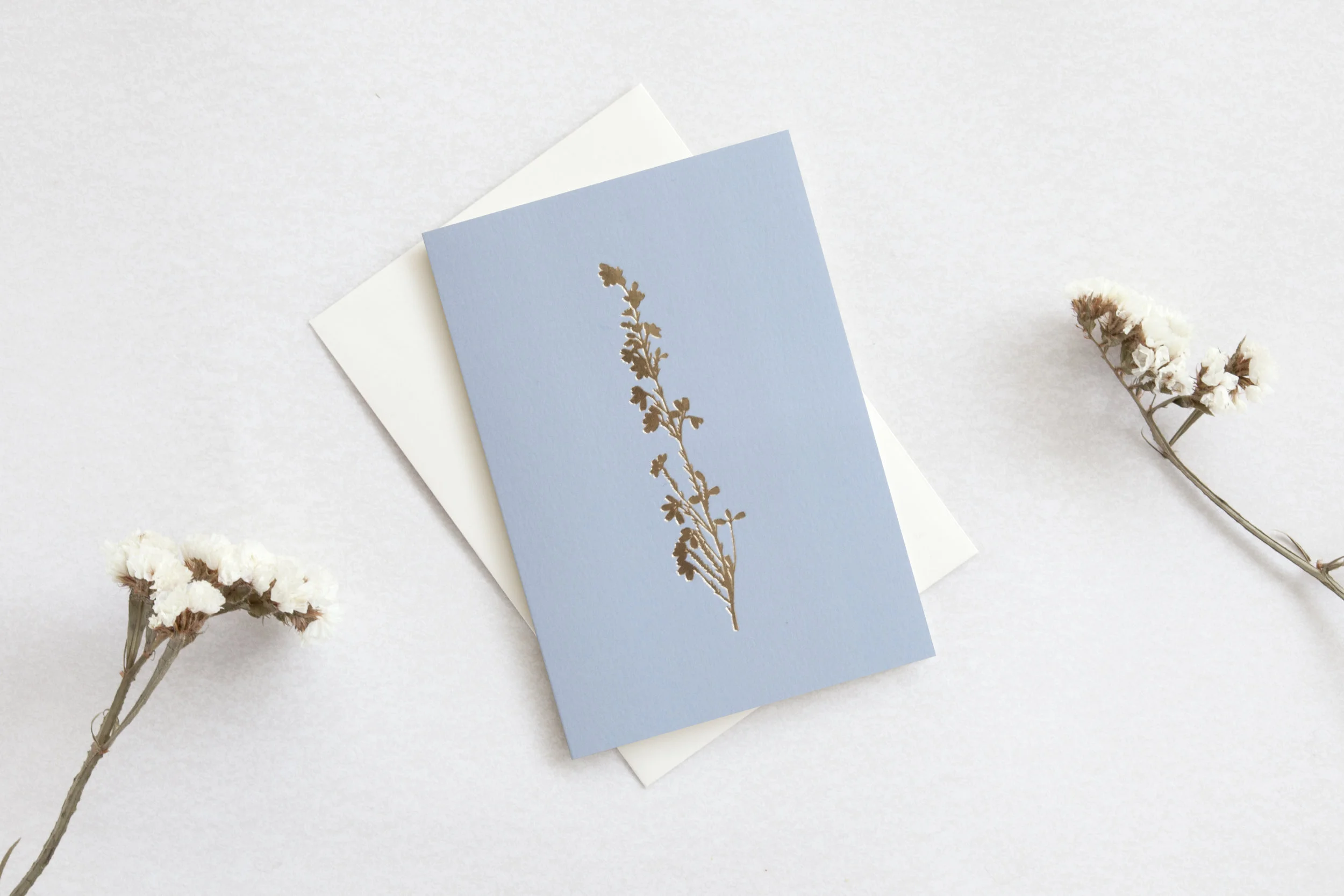 HEATHER104 - Foil Blocked Card, Heather Print in Cornflower Blue and Brass, ola.jpg