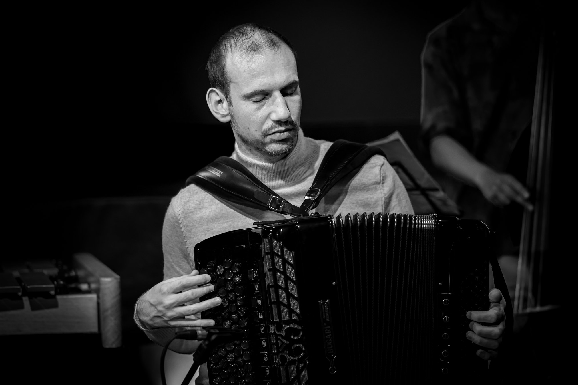  Pierre Martin's band on 20th October 2025 at the Music Village Jazz Club in Brussels. Their gig included jazz versions of groups such as Kneebody, Tigran Hamasyan and Radiohead.  Pierre Martin, Drums  Lucas Dorado, Vibraphone  Noe Clerc, Accordion  