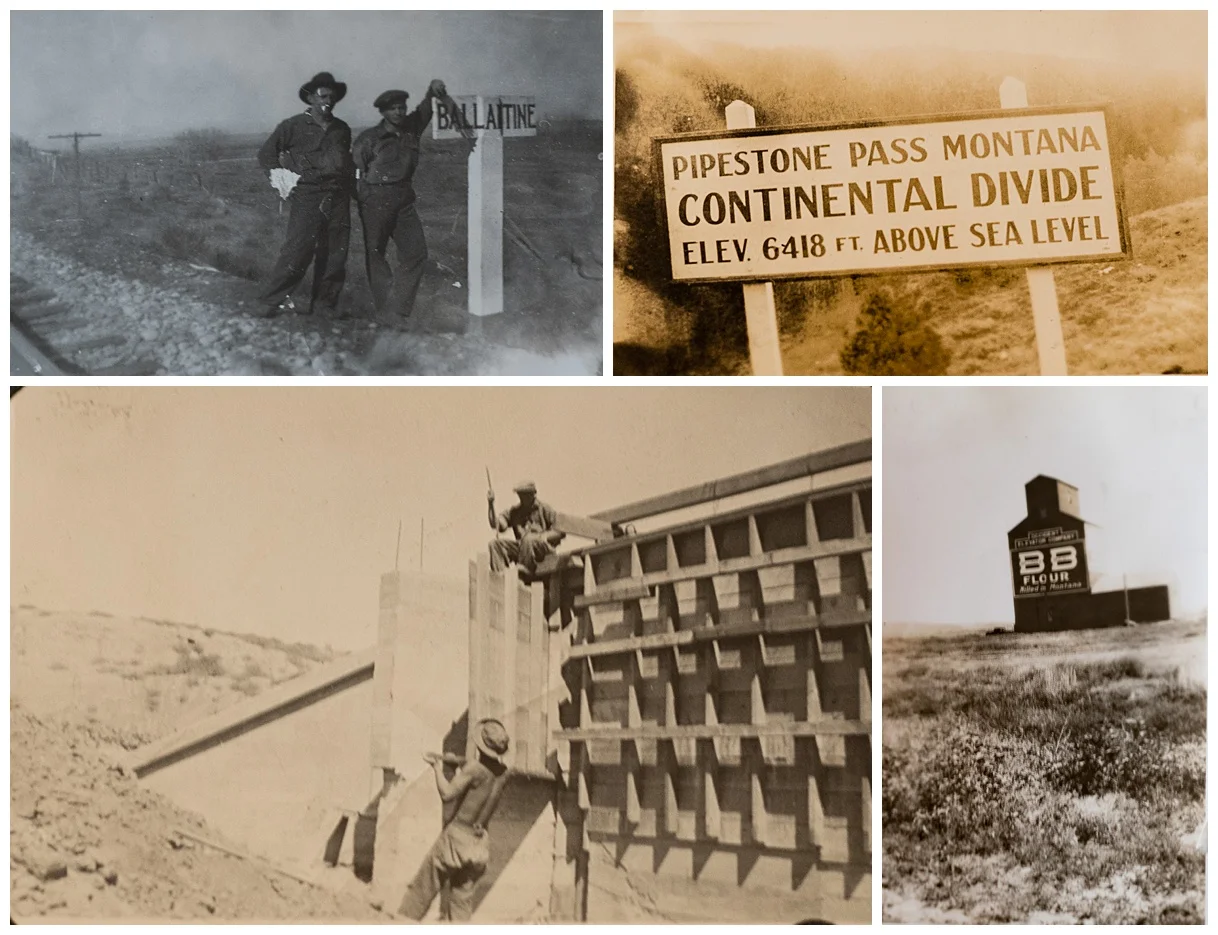 Top Left - we know the men were in Ballantine, Montana, and Pipestone Pass. The dam is progressing. The flour silo was a marker seen in many photos. It must have been very large because it could be distinguished in the far background of several pictures.