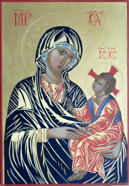Interpretation of the "Enthroned Madonna and Child" by the hand of Rebecca LaChance, 2013. Egg tempera on board. Original dated between 1250 and 1275 C.E., author unknown. Also known as The Kahn Madonna, the original is held in permanent exhibition by the National Gallery of Art, Washington, D.C.