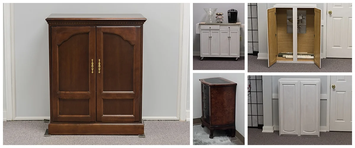 (L) The entertainment center. It took 3 men to put it in my car. (Top left to right) The refreshment center from home and the bubbler hiding in the cabinet. (Bottom left to right) The art deco cabinet in the bathroom and the bubbler hidden by closed doors.