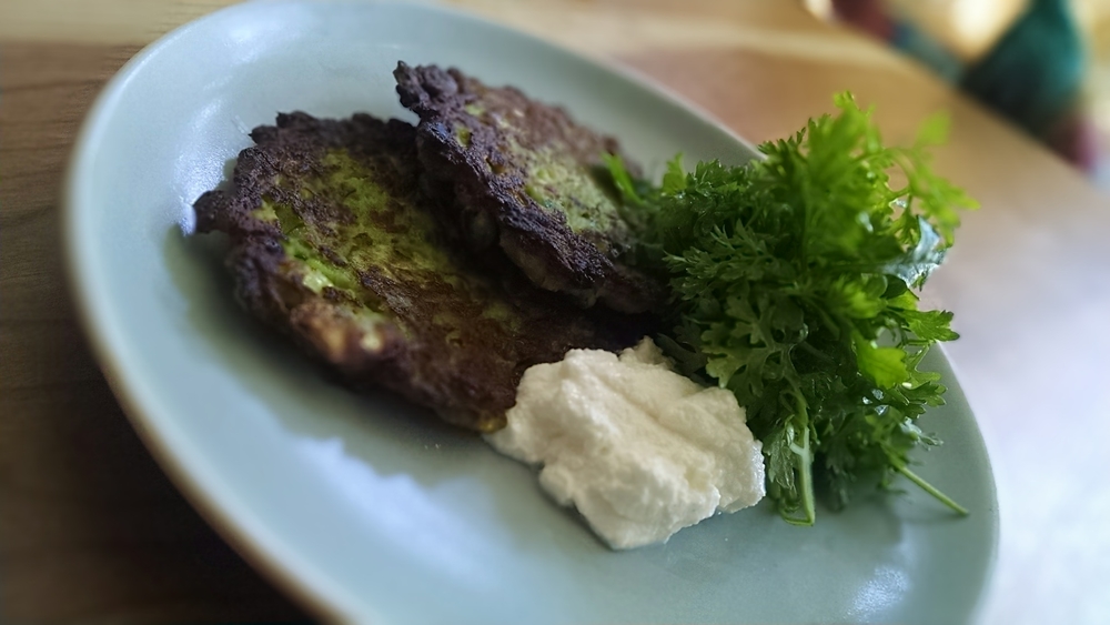 Fava and Sweet Pea Pancakes with House–Made Ricotta and Peppercress