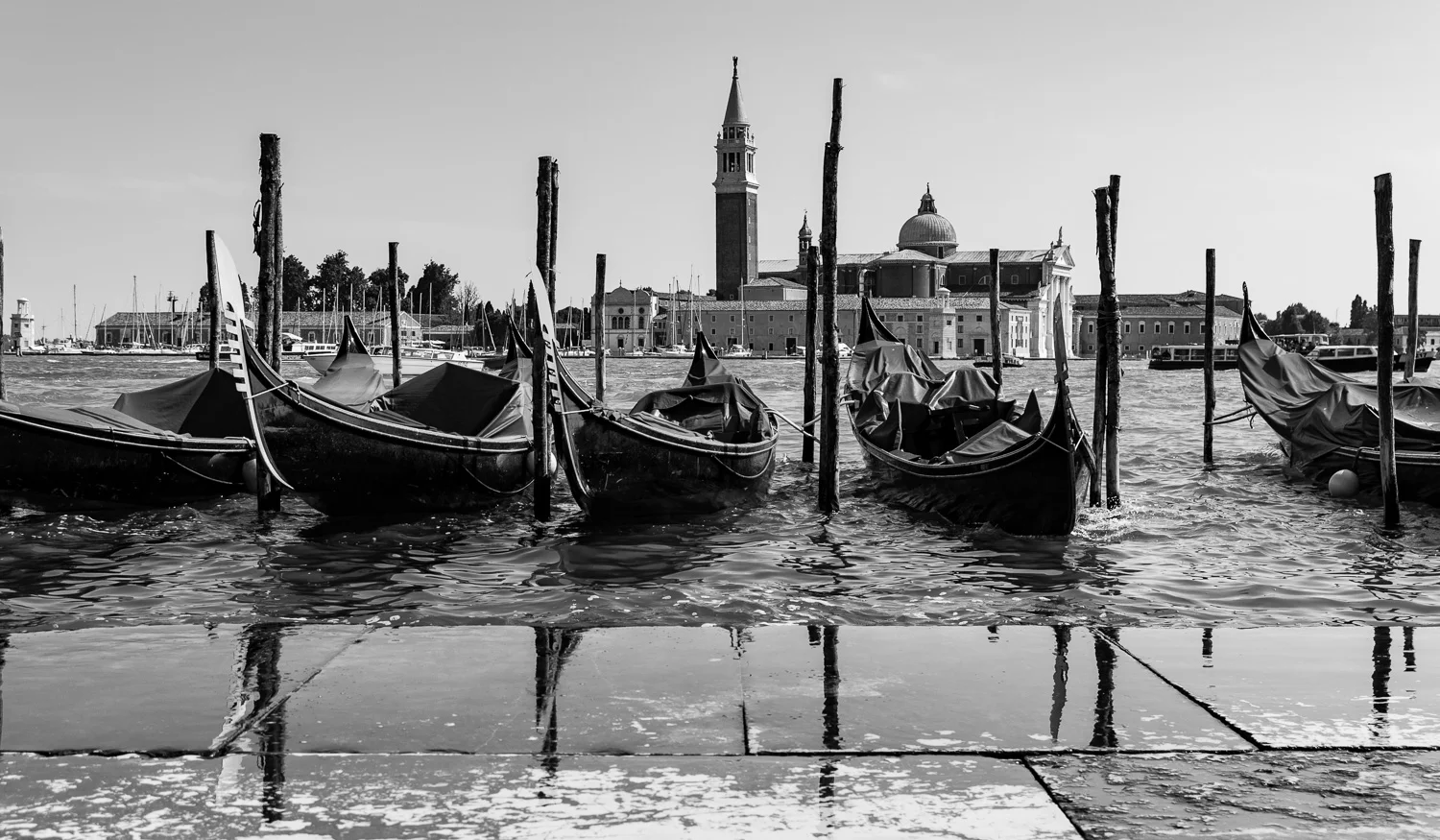 San Giorgio Maggiore with moored gondole, Venice