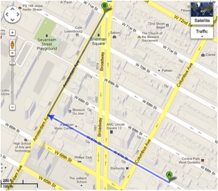 Google Map directions of the Arensberg’s West 67th street apartment and the Ansonia Hotel.