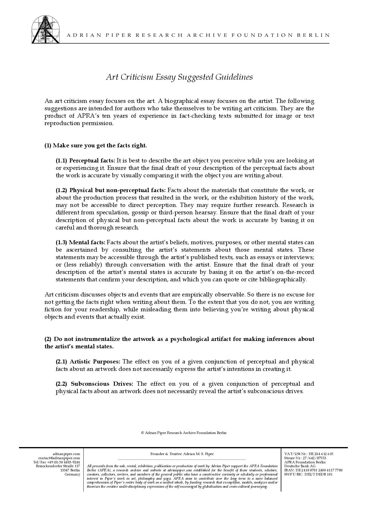Thesis Essay Topics High School Application Essay Samples also Sample Of An Essay Paper Art Criticism Essay Suggested Guidelines Adrian Piper High School Persuasive Essay
