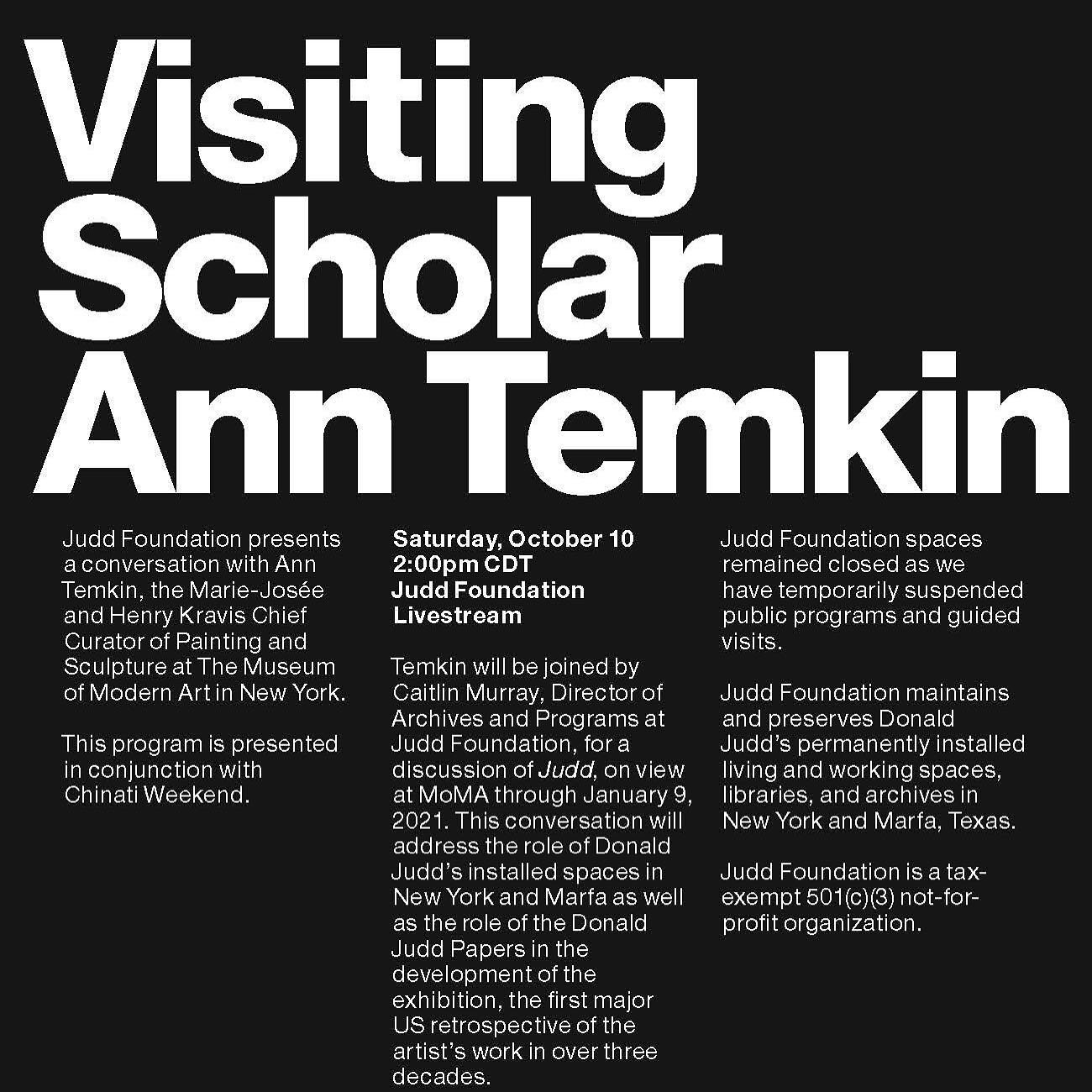 I am thrilled to be speaking with @ann.temkin tomorrow as part of Judd Foundation&rsquo;s Visiting Scholar Program in conjunction with Chinati Weekend. Join us tomorrow at 2pm cst through juddfoundation.org or chinati.org to watch. @juddfoundation @c