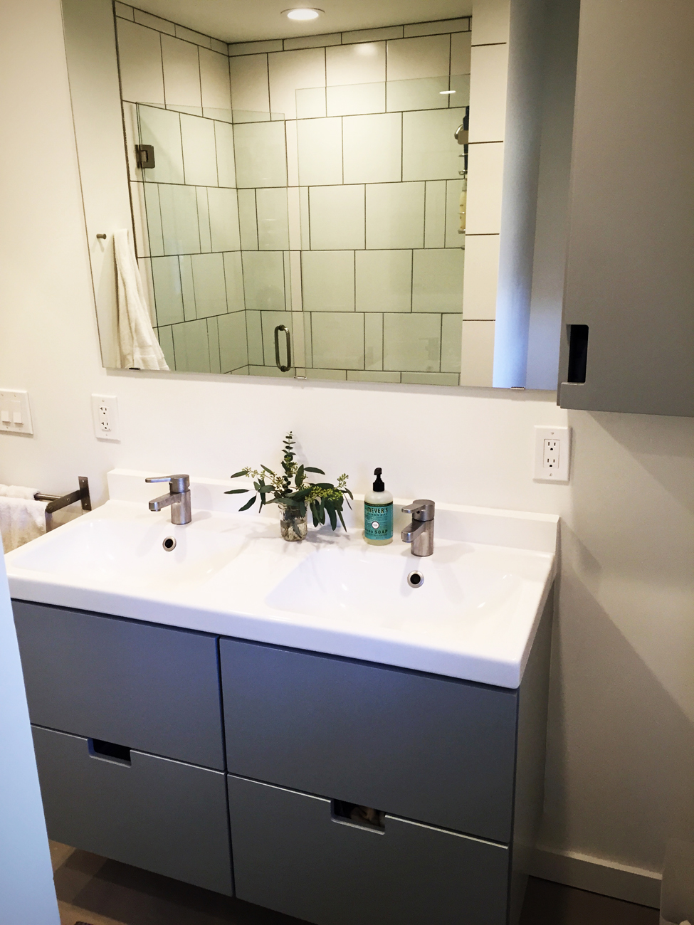 Did I mention that it is hard to photograph bathrooms? It is hard to get far enough away to capture everything. You can see the glass shower in the reflection of the mirror.