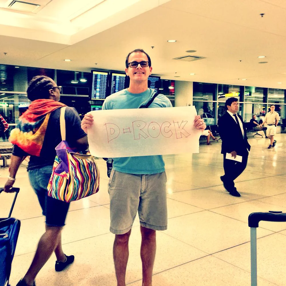 Picking Danielle up from the airport with my trace paper sign. 