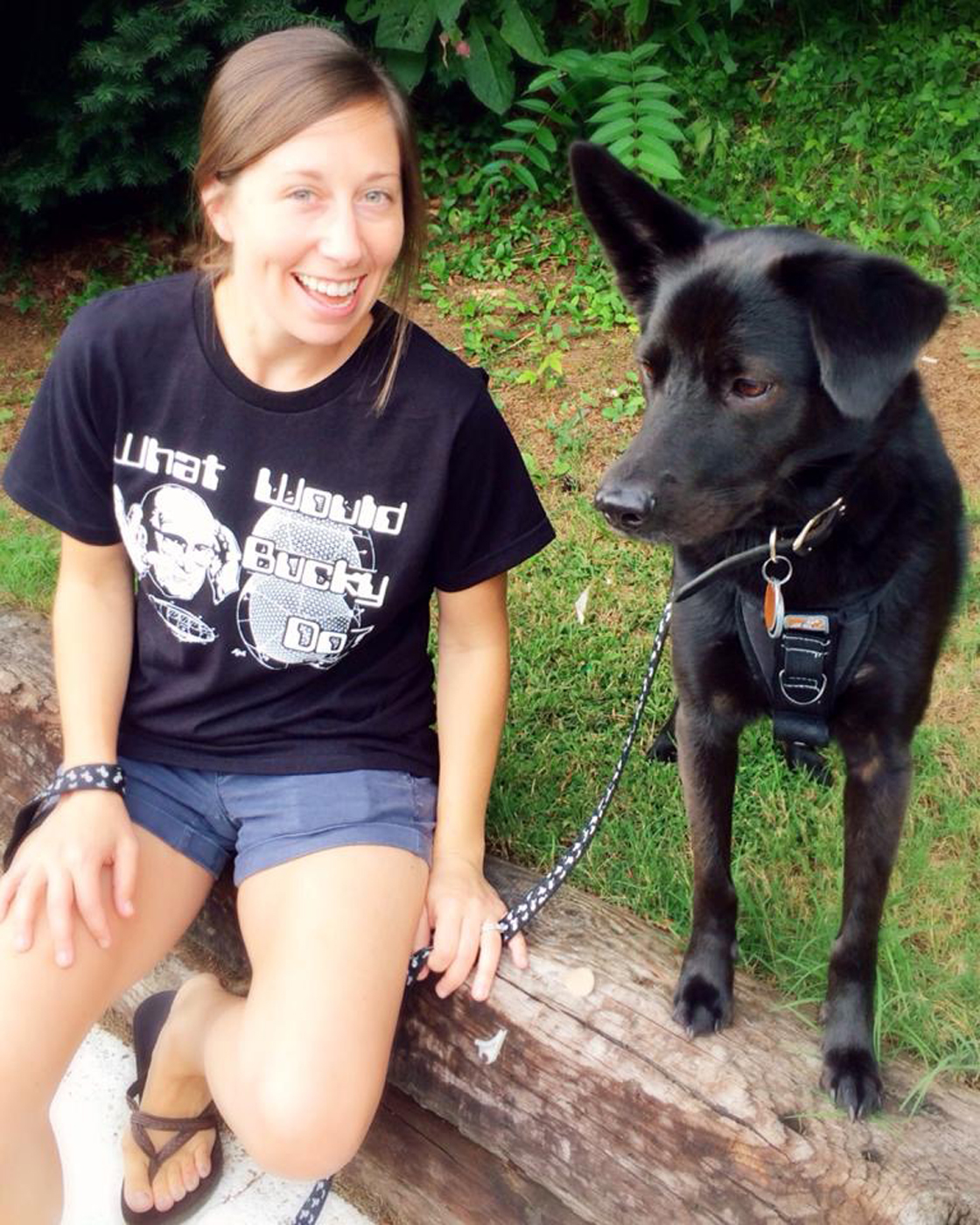Danielle sporting her Buckminster Fuller t-shirt with our dog Buckminster Fuller Ramos. A.K.A. Minster.