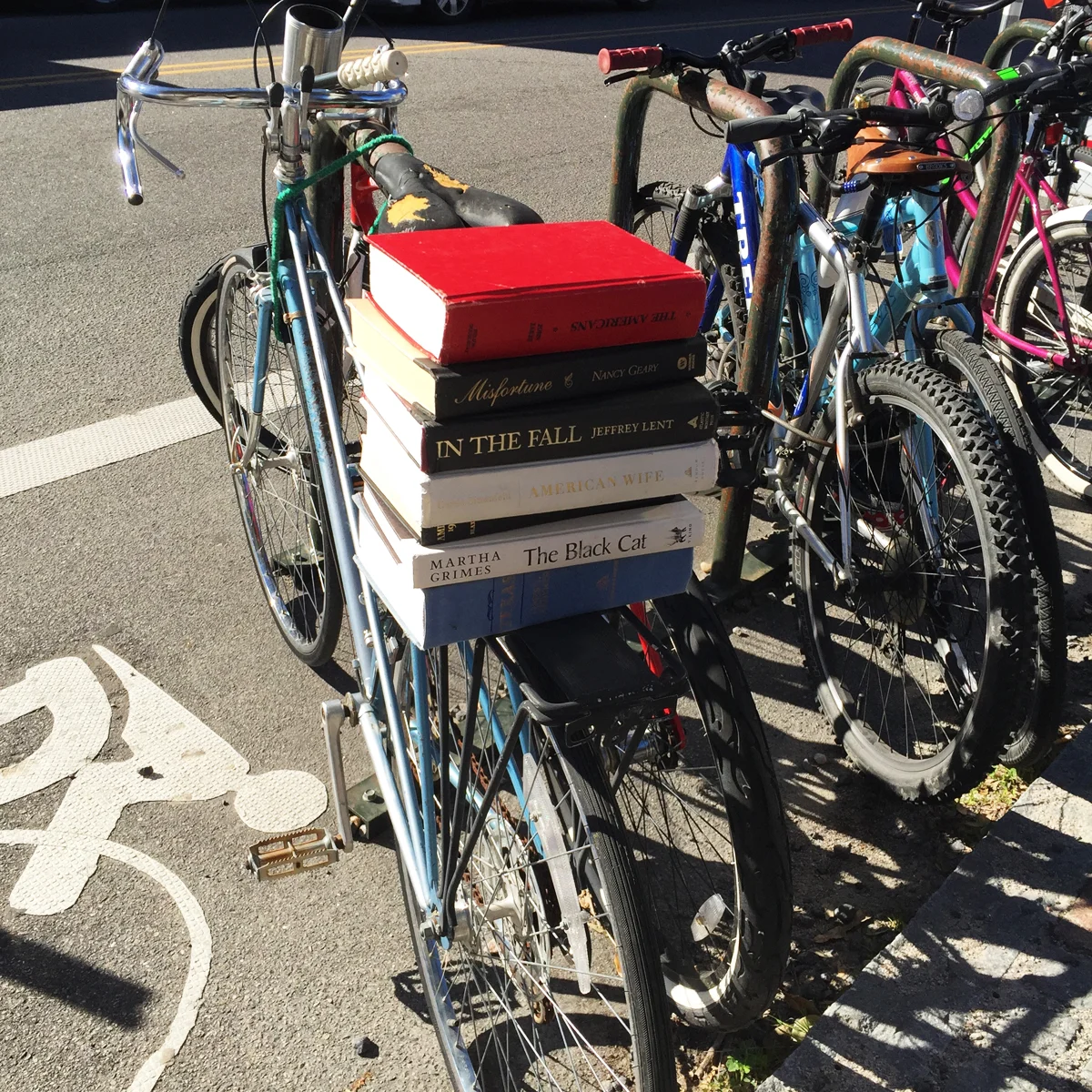 Isn't this awesome? Blue Bicycle Books puts this bike and the books out everyday. 