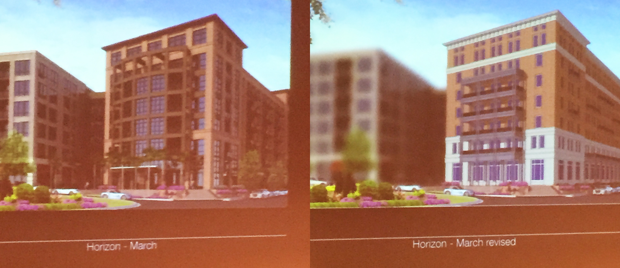 Horizon District Project - Current design on the left. DPZ proposal on the right.