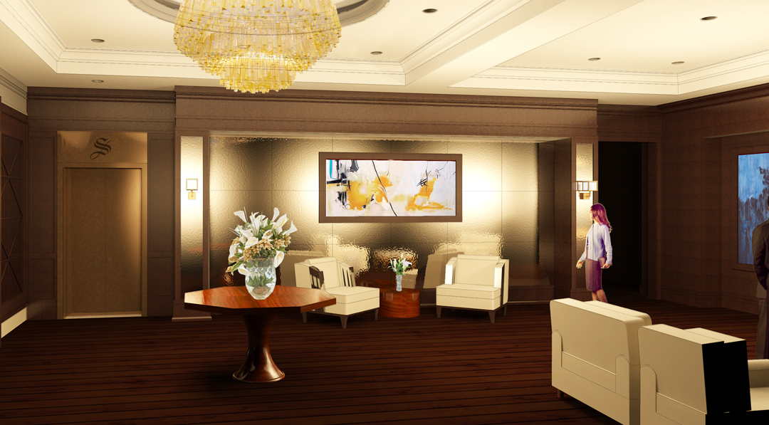 Lobby Rendering 1. This is what you see when you walk in the front door. The elevator is over on the left.