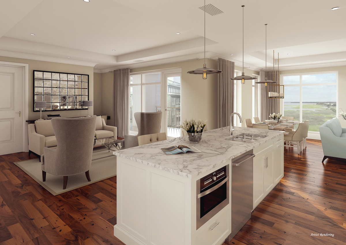 View from the kitchen overlooking the cooper river. The elevator door is on the far left next to the mirror. Rendering courtesy of Jeff Brink at JeffBrink.com