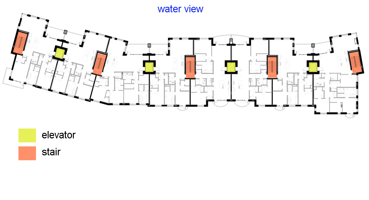 The typical floor plan. By providing direct access from each unit to 1 stair and 1 elevator we were able to eliminate common corridors on the upper floors. The ground floor would have small lobbies and corridors to provide access to the elevators.