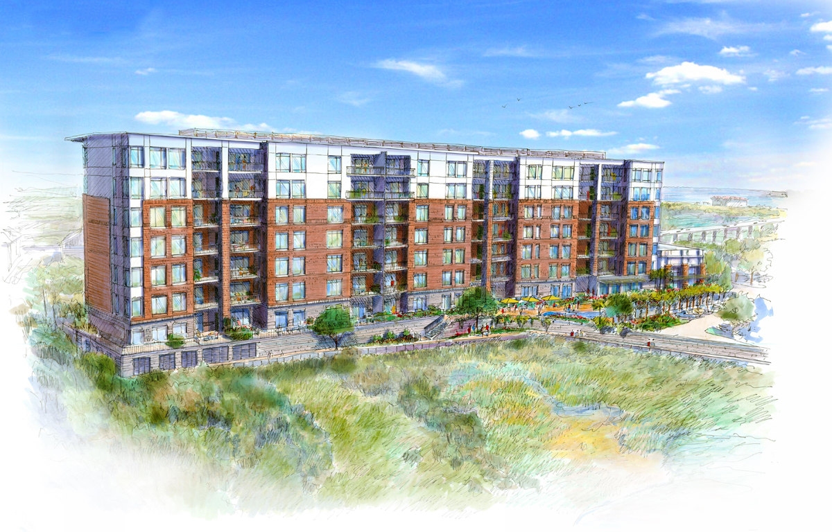 This is a view of the facade that faces the river. All of the units have jumbo porches, which is an important amenity in multi-family projects.