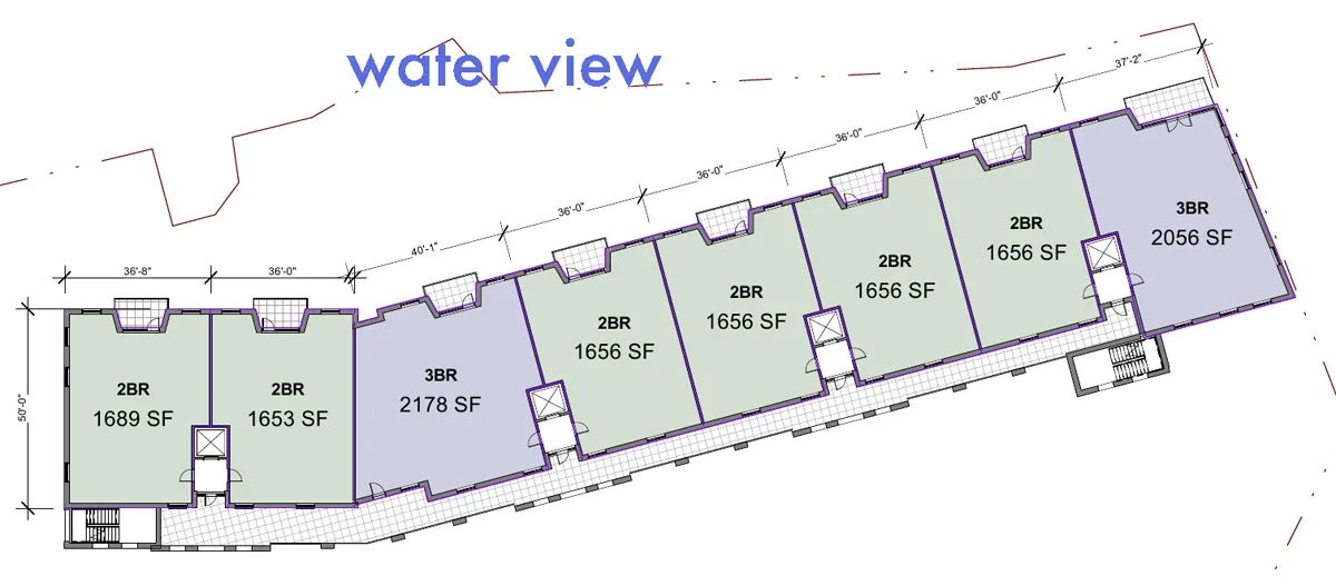 The initial building plan. The single loaded design ensures that each unit has a view of the water. An exterior corridor on the back of the building would provide access to the 2 stair towers.