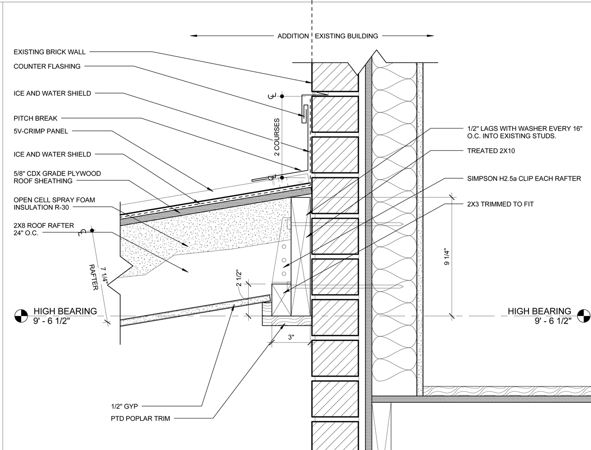The Ledger Detail. The challenge with this detail is that it requires the carpenter to bolt through the existing brick wall and hit the studs. Or try to hit the studs.