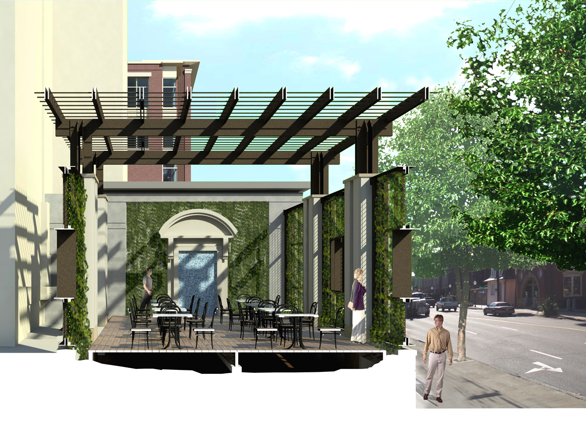 Section perspective rendering of the pergola. I'm a big fan of section perspective renderings. They are helpful technically with understanding how things go together and they also help display space.