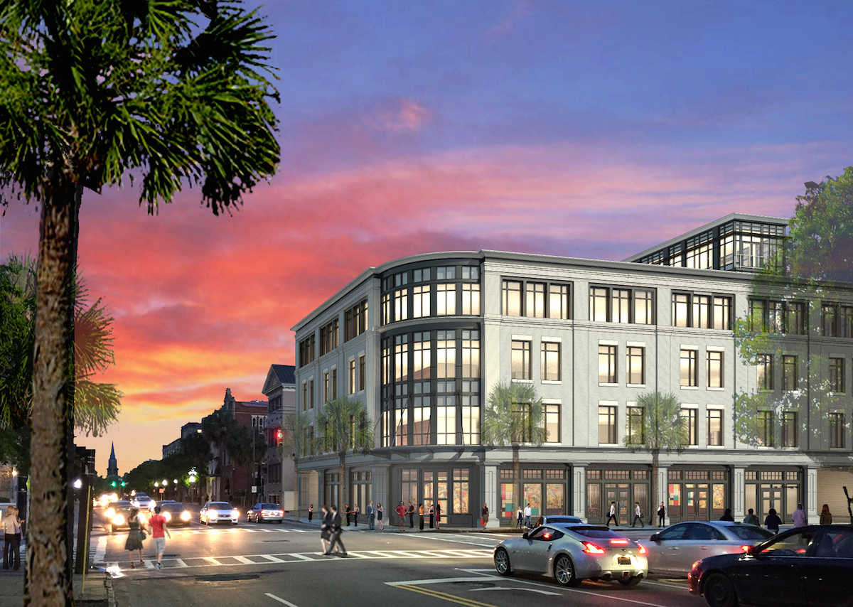 Rendering of a new office building across the street from the pergola. The pergola is hidden behind the palm trees on the left side of the page.