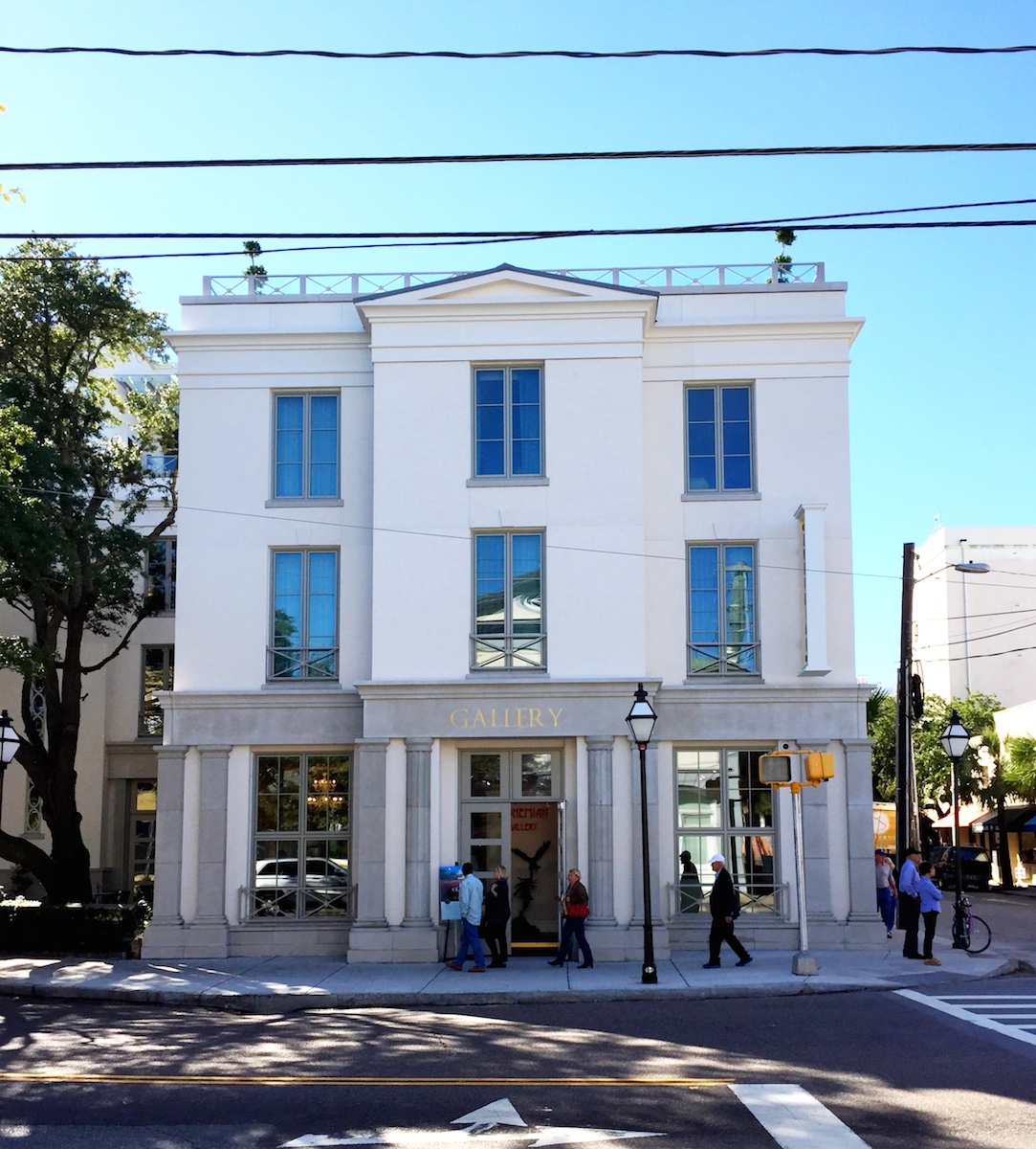 The Charleston Grand Bohemian Hotel is predominantly stucco. The columns and cornice at the ground level are cast stone. The cornice at the top of the 3rd floor is GFRC.