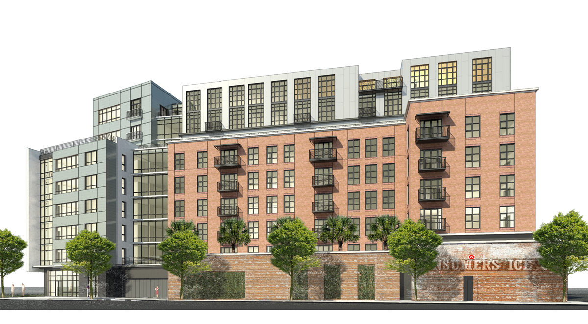 A rendering that we presented that evening. A perspective of the Woolfe Street Residential building. The brick wall on the street was a historic wall that was preserved and incorporated into the design. 
