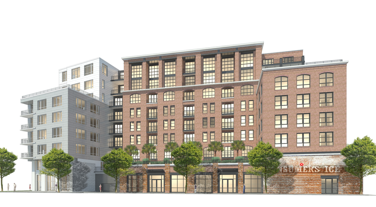 A rendering of the approved design. The biggest change was that retail was added at the ground floor in the area of the historic brick wall. The facade was tweaked to have more order and a more pleasing rhythm. 