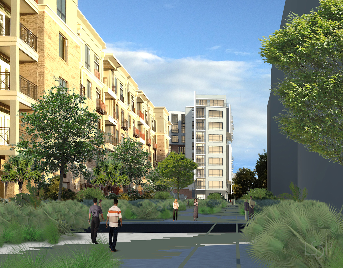 This is a view of the building from the future Lowcountry Lowline Park. This is my favorite part of the building. The proportions are so slender and vertical. It is not every day in Charleston that you get to design a facade that is 100' tall and 30' wide.